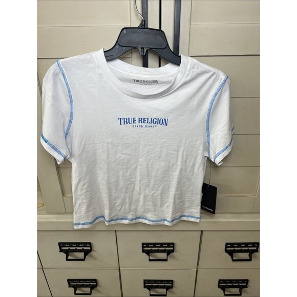True Religion Baby Tee Optic White Contrast Stitch Size L - Picture 1 of 5